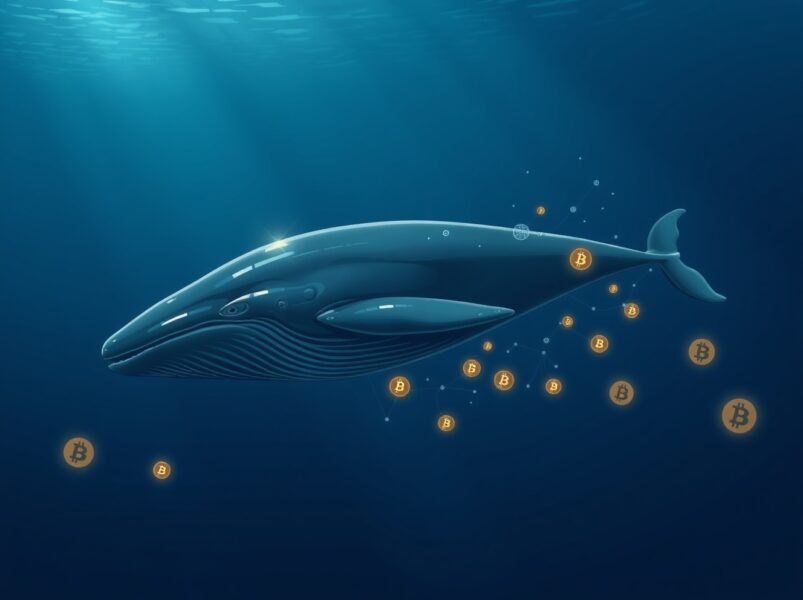 A Hyperliquid whale's massive Bitcoin short position symbolized by a powerful whale in deep waters.