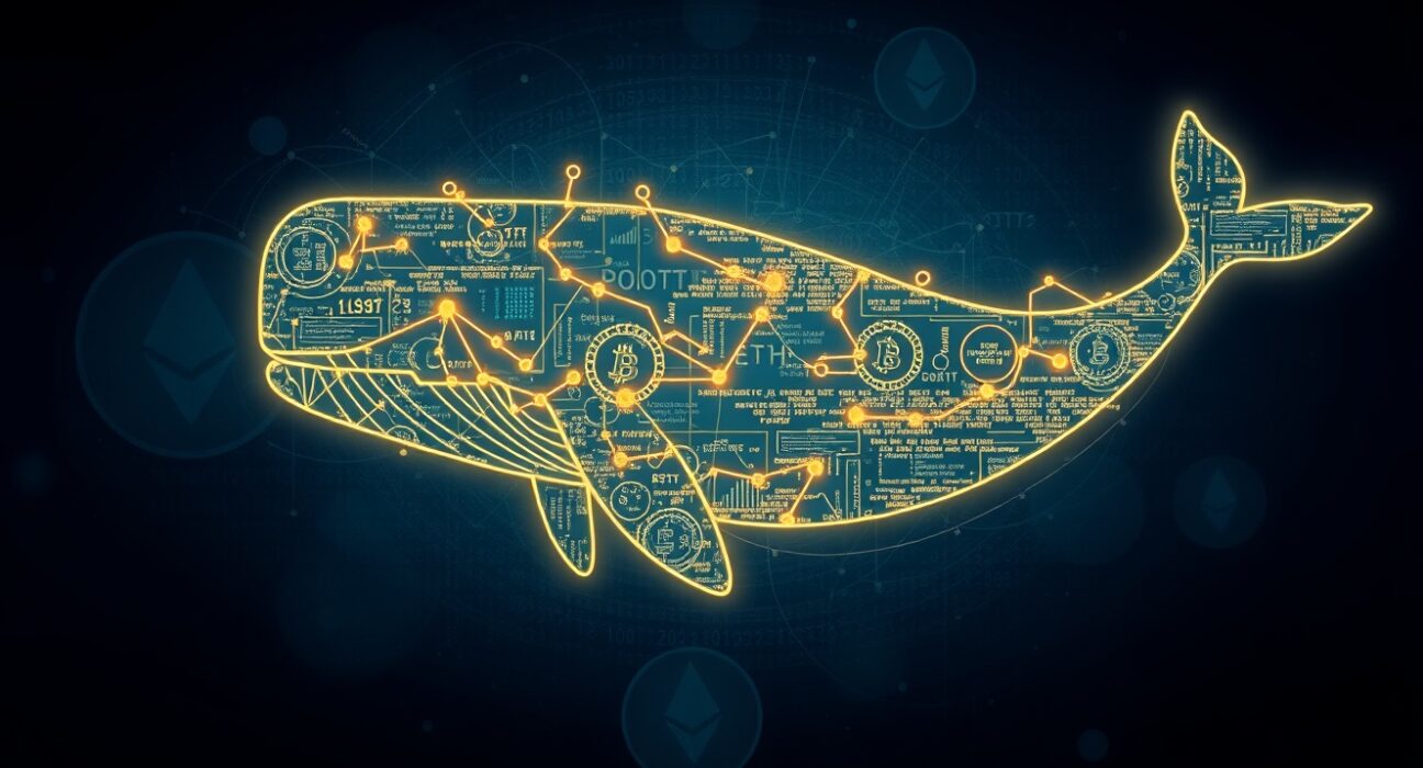 A data-whale representing a large cryptocurrency trader's massive short position on Bitcoin and Ethereum.