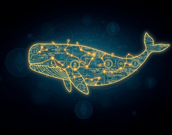 A data-whale representing a large cryptocurrency trader's massive short position on Bitcoin and Ethereum.