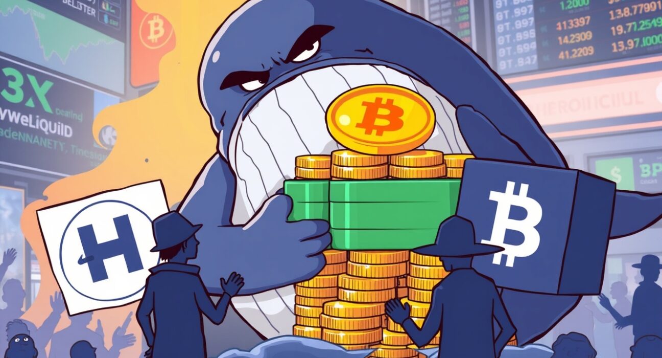 Cartoon illustration of a Hyperliquid whale making a large USDC deposit to Binance, hinting at potential insider trading.