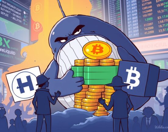 Cartoon illustration of a Hyperliquid whale making a large USDC deposit to Binance, hinting at potential insider trading.
