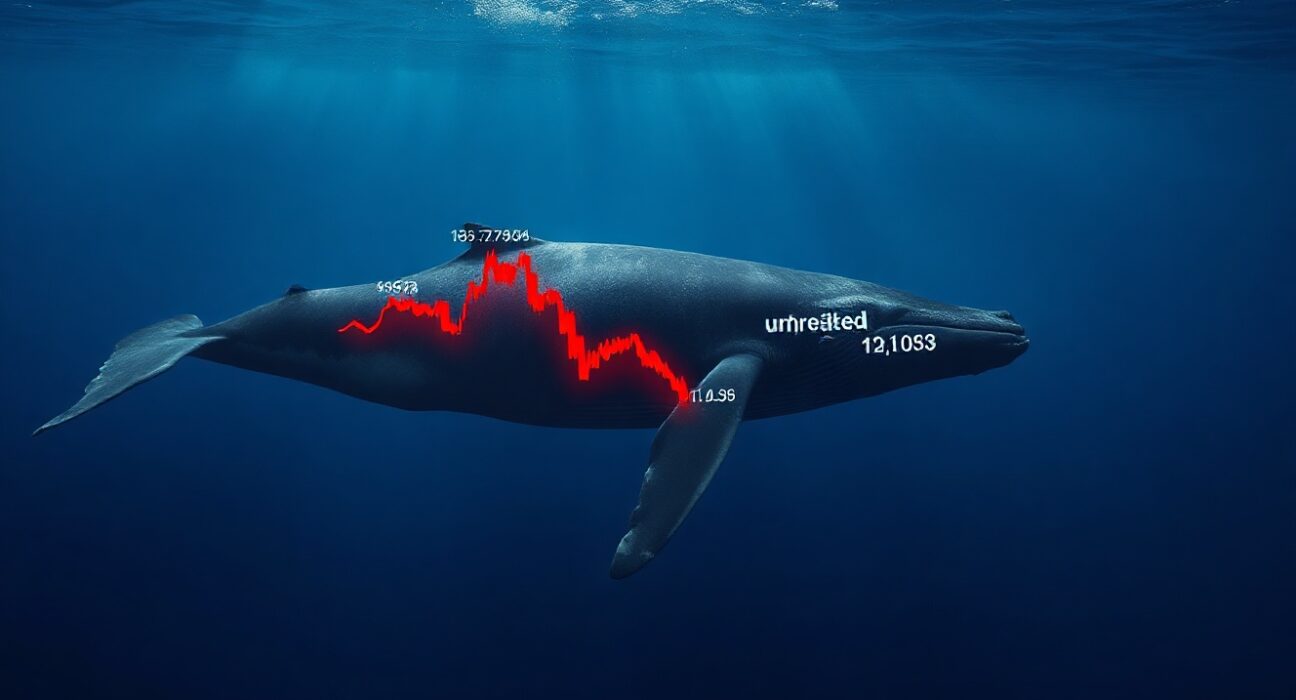 A whale swimming in the ocean with a red downward stock graph overlay, symbolizing a large unrealized loss on an Ethereum long position.