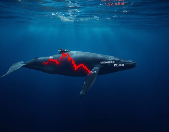 A whale swimming in the ocean with a red downward stock graph overlay, symbolizing a large unrealized loss on an Ethereum long position.