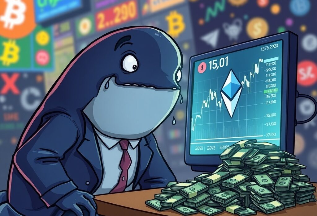 A cartoon whale trader calmly observing a screen showing a significant trading loss on an ETH short position, symbolizing the resilience of a Hyperliquid whale.