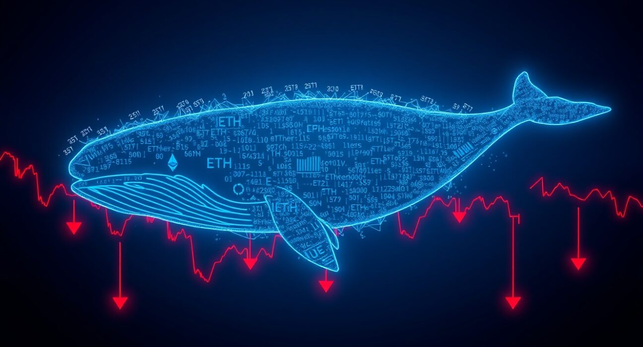 Whale silhouette swimming through Ethereum candlestick charts with red arrows indicating loss.
