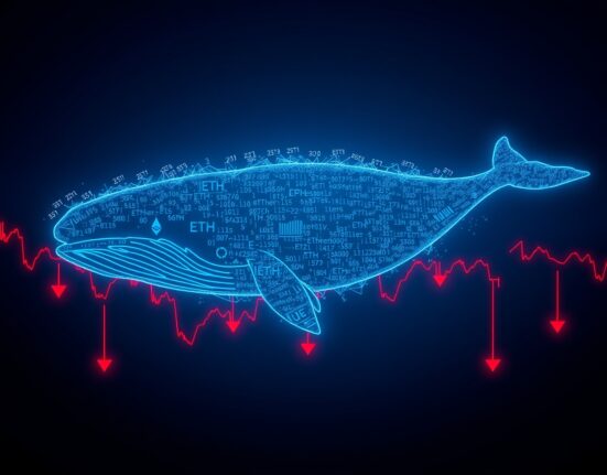 Whale silhouette swimming through Ethereum candlestick charts with red arrows indicating loss.