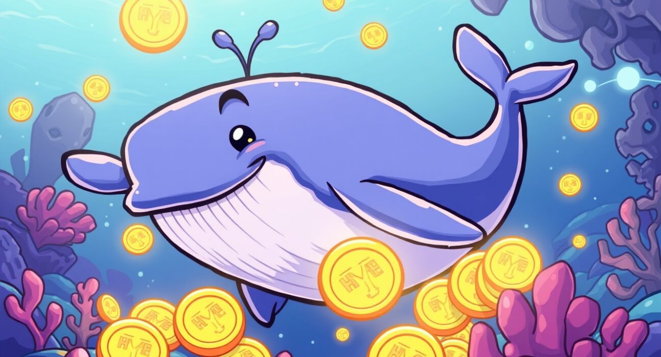 A cartoon Hyperliquid whale happily accumulating HYPE tokens in a vibrant digital ocean.