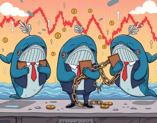 A cartoon Hyperliquid whale makes a pivotal decision, cutting significant BTC short losses on a dynamic trading screen.