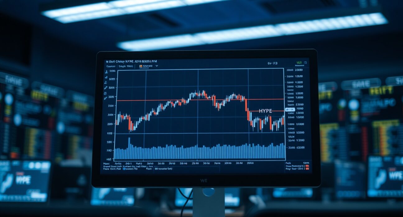 Cryptocurrency trading chart on a monitor in a dark office, illustrating a whale transfer to an exchange