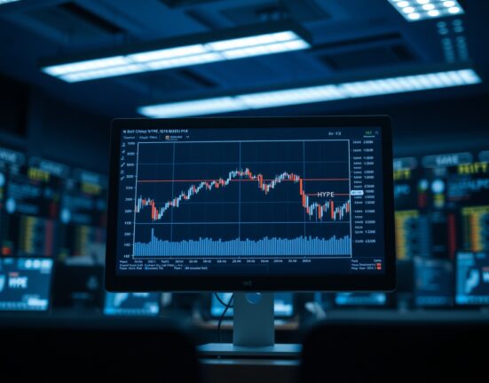 Cryptocurrency trading chart on a monitor in a dark office, illustrating a whale transfer to an exchange
