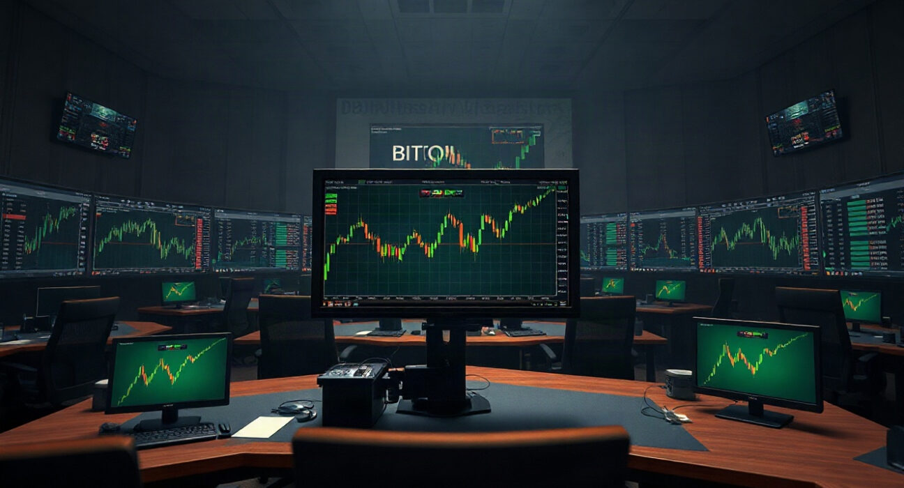 Professional trading desk with Bitcoin and Ethereum charts showing a profit-taking trend.