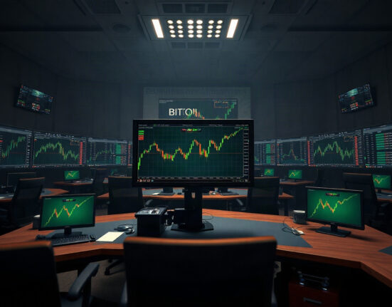 Professional trading desk with Bitcoin and Ethereum charts showing a profit-taking trend.