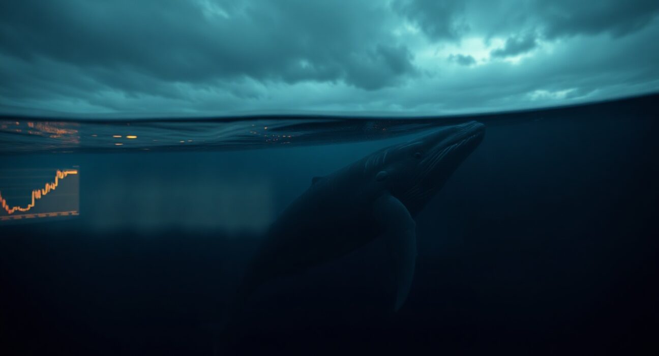 A whale swimming in dark ocean with digital charts reflecting on water surface, symbolizing large crypto position loss