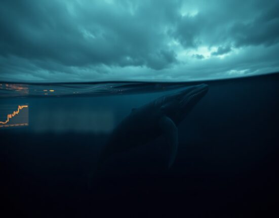 A whale swimming in dark ocean with digital charts reflecting on water surface, symbolizing large crypto position loss