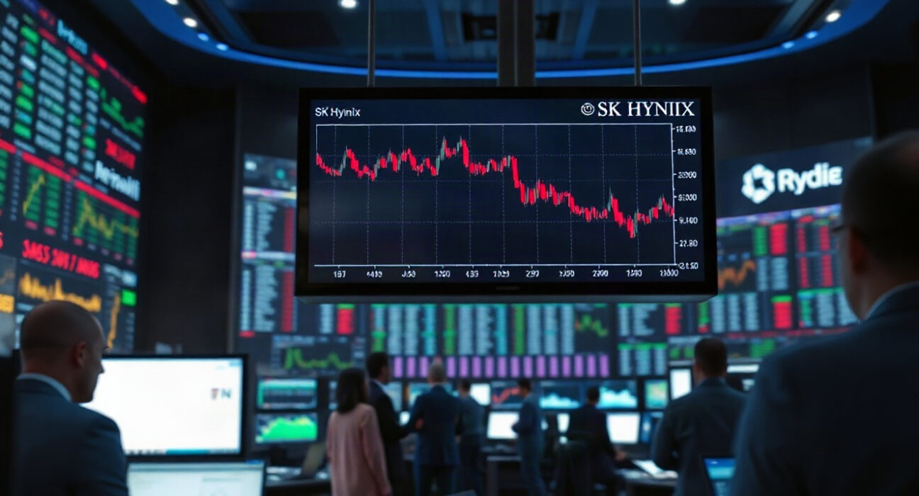 Trading monitors displaying a declining chart for SK Hynix in a professional trading room