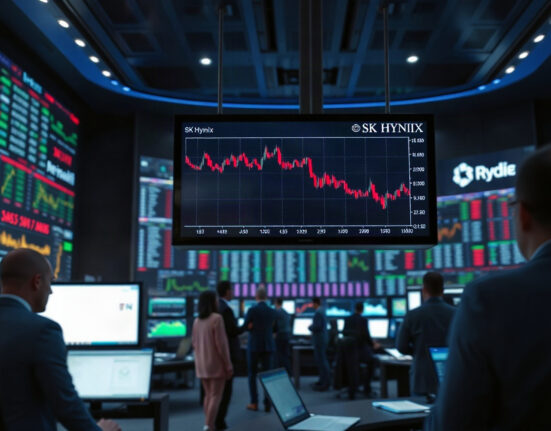 Trading monitors displaying a declining chart for SK Hynix in a professional trading room