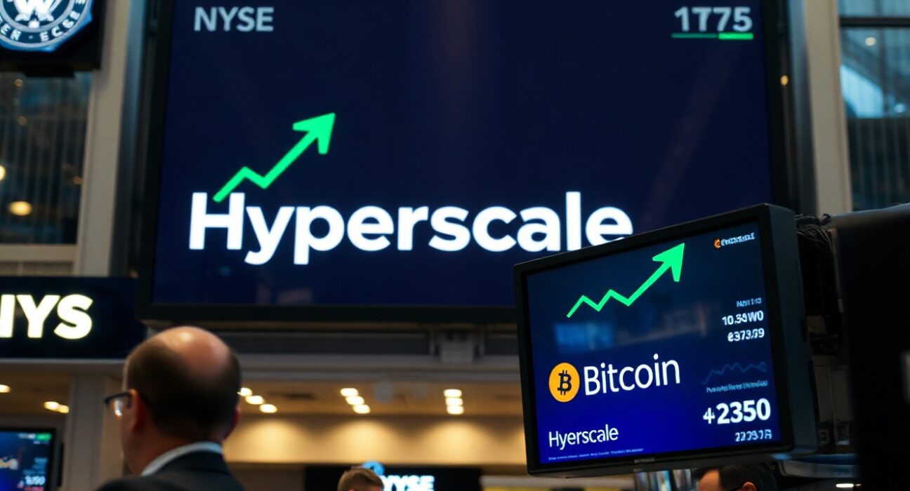 NYSE trading floor with a stock ticker showing Hyperscale and a Bitcoin price display