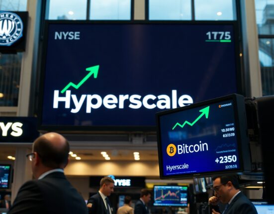 NYSE trading floor with a stock ticker showing Hyperscale and a Bitcoin price display