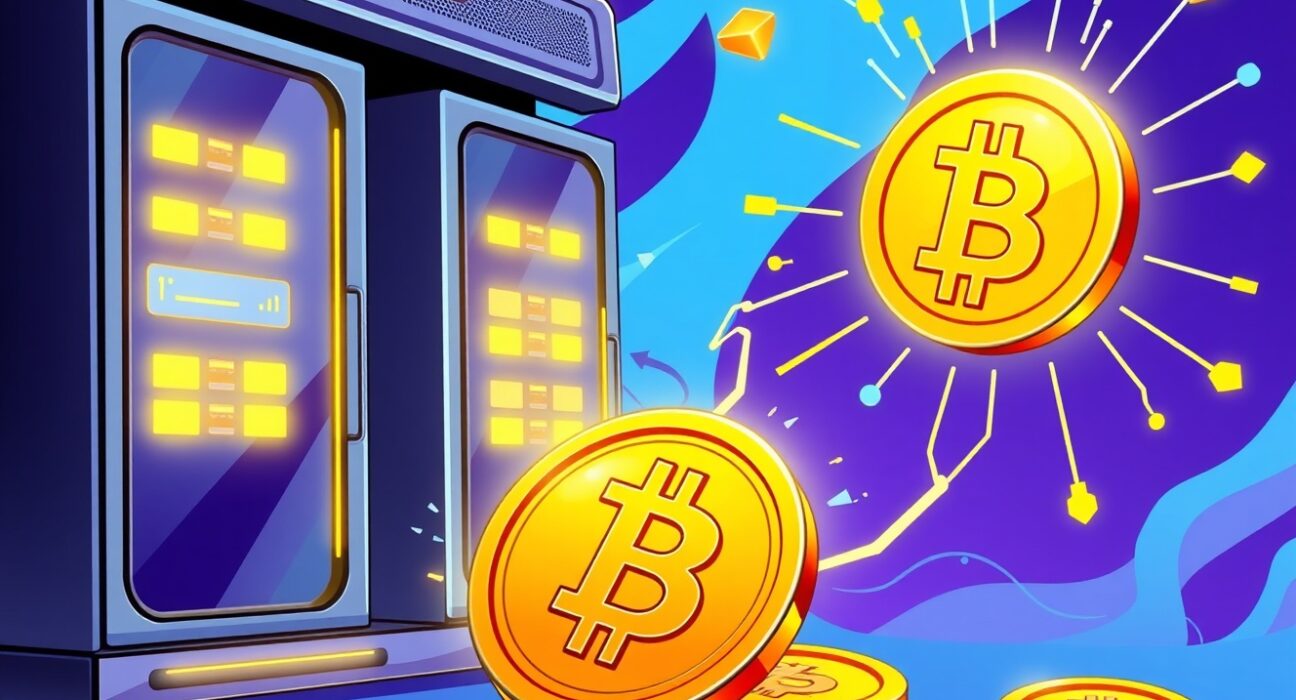 A vibrant cartoon illustrating a bold Bitcoin investment fund connecting data servers to digital gold.