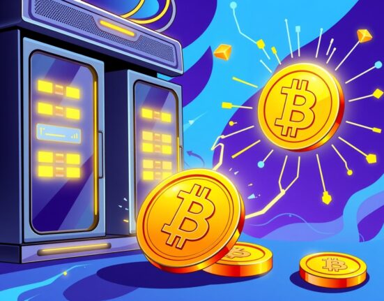 A vibrant cartoon illustrating a bold Bitcoin investment fund connecting data servers to digital gold.