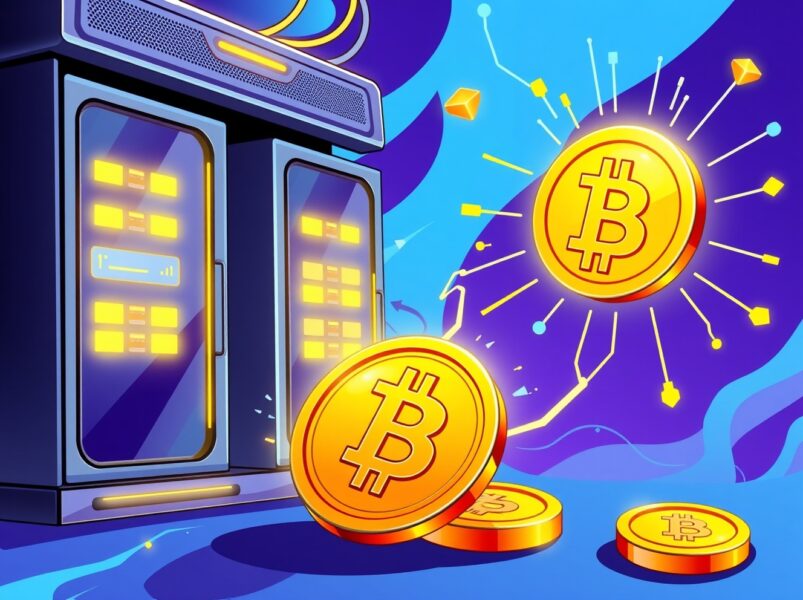 A vibrant cartoon illustrating a bold Bitcoin investment fund connecting data servers to digital gold.