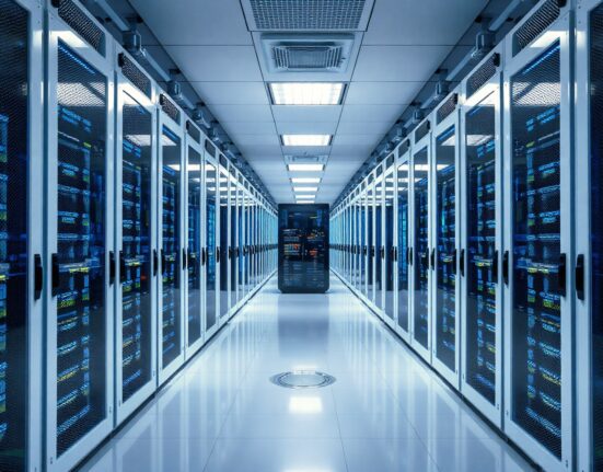 Interior of Hyperscale Data's Michigan data center with AI and Bitcoin mining server racks