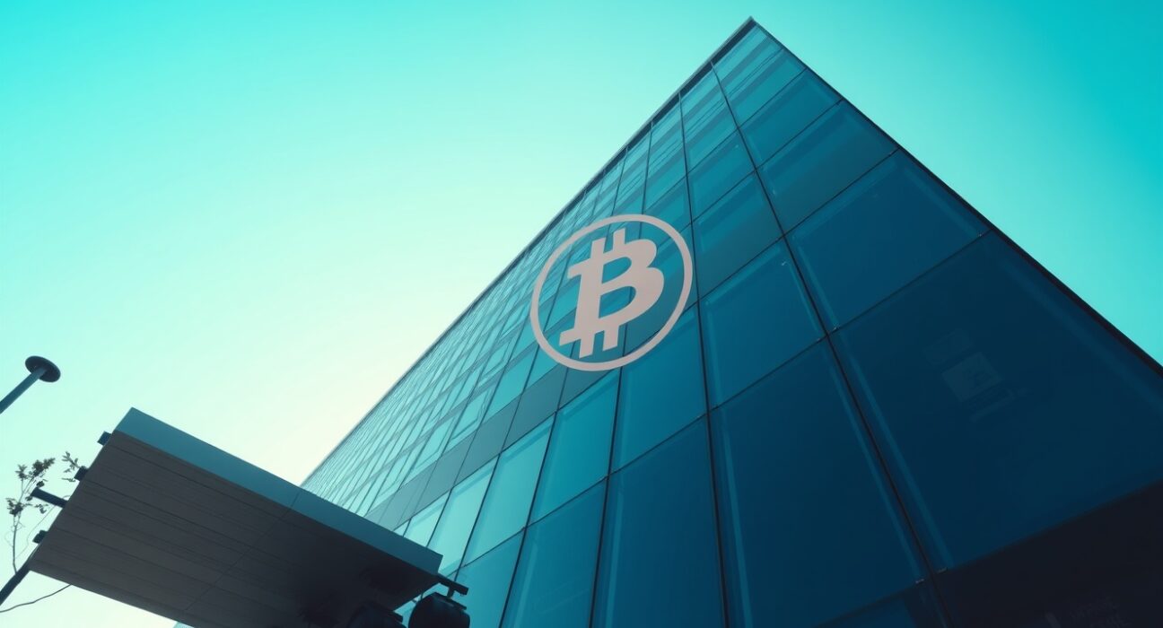 Modern corporate building exterior with Bitcoin symbol reflection representing Hyperscale Data's Bitcoin treasury strategy