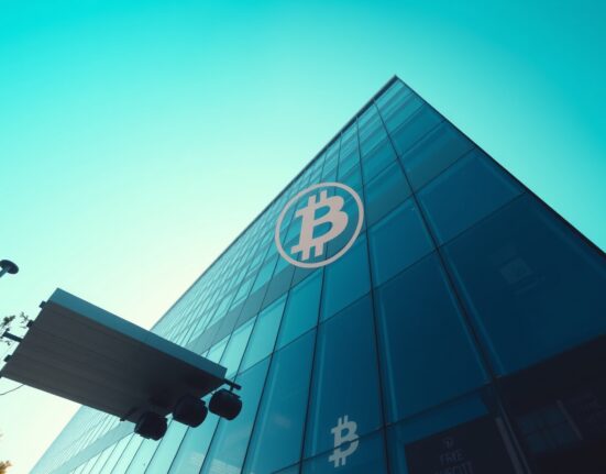 Modern corporate building exterior with Bitcoin symbol reflection representing Hyperscale Data's Bitcoin treasury strategy