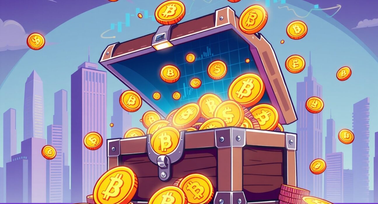 Growing institutional Bitcoin adoption shown through digital treasure and financial buildings