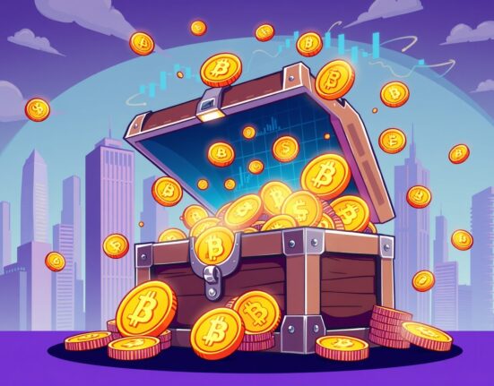 Growing institutional Bitcoin adoption shown through digital treasure and financial buildings