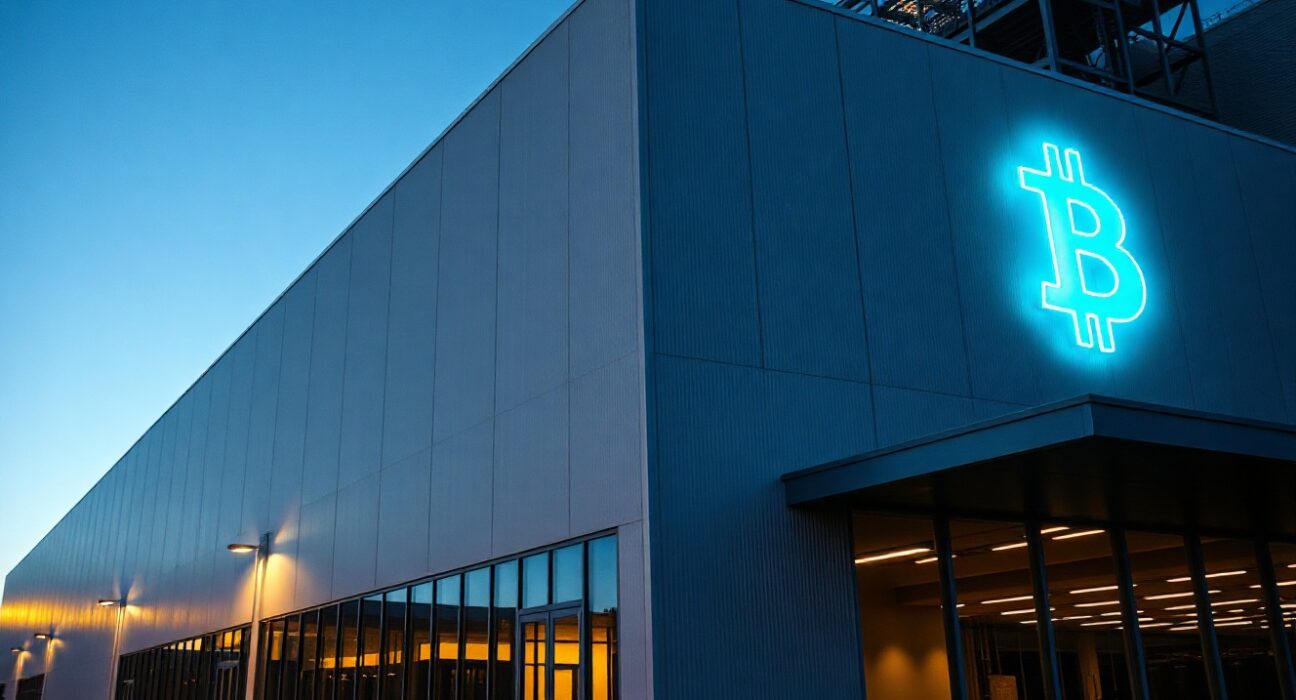 Exterior of a large AI data center in Michigan, with a subtle Bitcoin symbol glowing on the facade, representing BTC-backed financing.