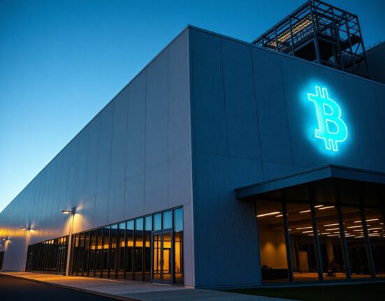 Exterior of a large AI data center in Michigan, with a subtle Bitcoin symbol glowing on the facade, representing BTC-backed financing.