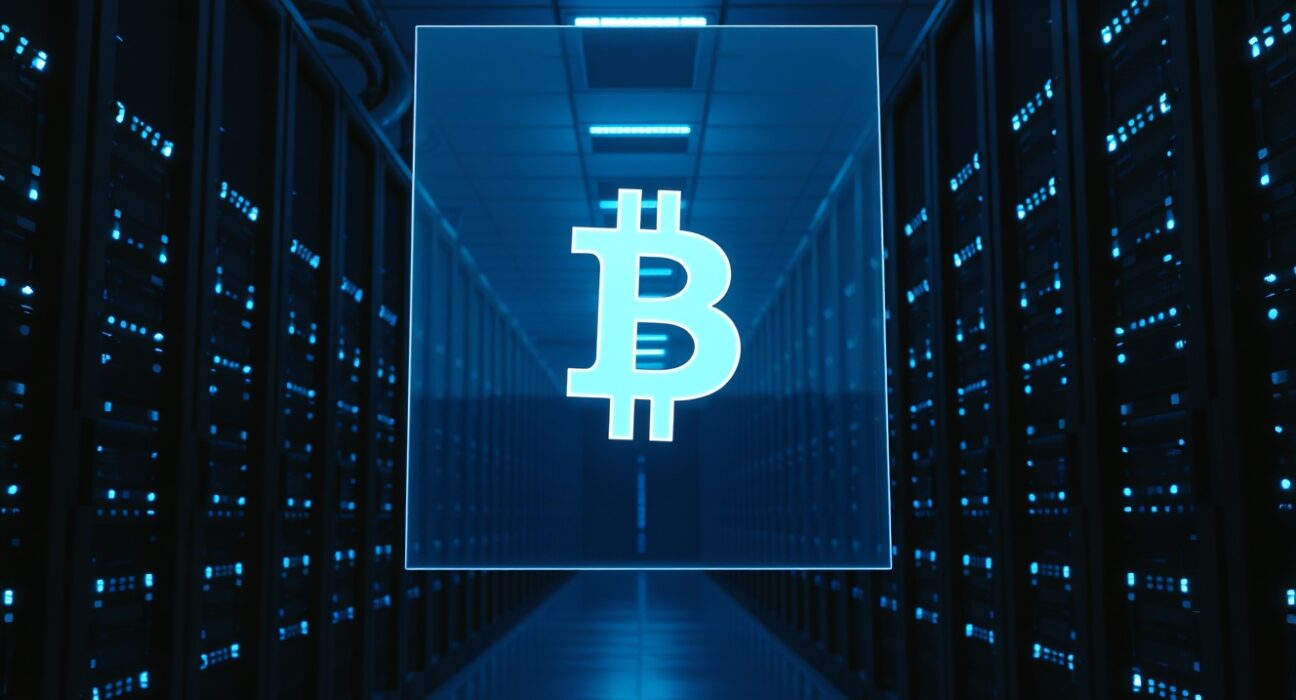 Interior of a modern data center with blue server lights and a faint Bitcoin symbol projection