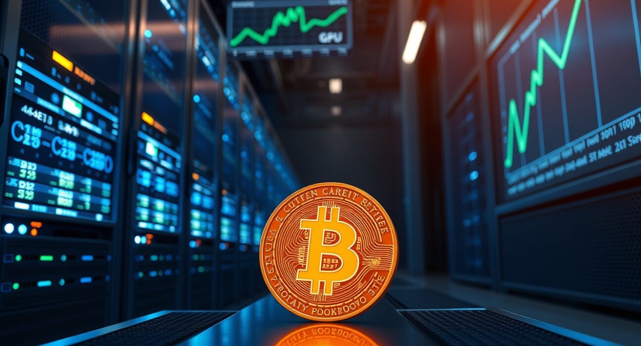 Hyperscale Data Bitcoin holdings surge to 675 BTC in a GPU data center with glowing Bitcoin coin and price chart.