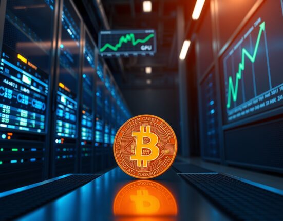 Hyperscale Data Bitcoin holdings surge to 675 BTC in a GPU data center with glowing Bitcoin coin and price chart.