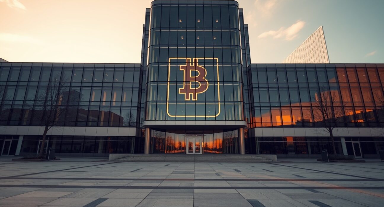 Modern corporate building with Bitcoin symbol representing Hyperscale Data's crypto treasury strategy