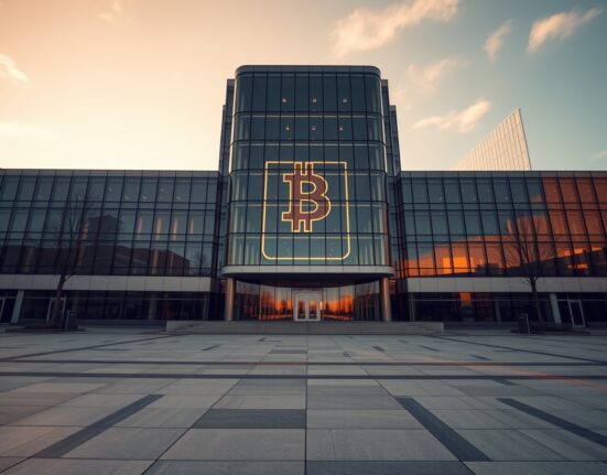 Modern corporate building with Bitcoin symbol representing Hyperscale Data's crypto treasury strategy