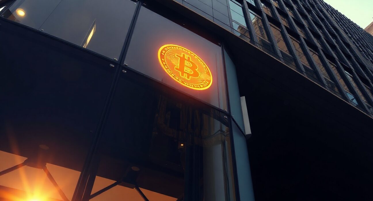 Modern corporate building exterior with a subtle Bitcoin symbol reflection, representing corporate Bitcoin treasury strategy.