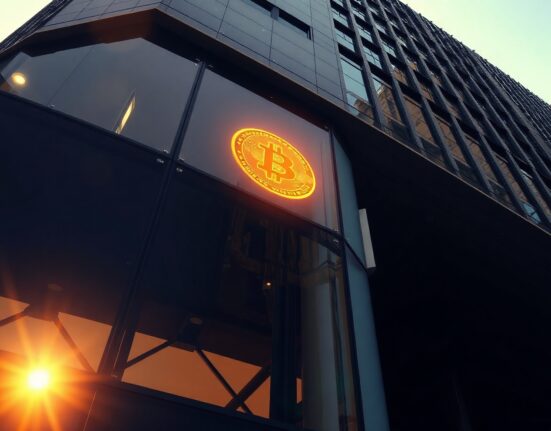 Modern corporate building exterior with a subtle Bitcoin symbol reflection, representing corporate Bitcoin treasury strategy.
