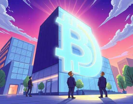 Corporate building with a massive Bitcoin investment symbol integrated into its architecture.