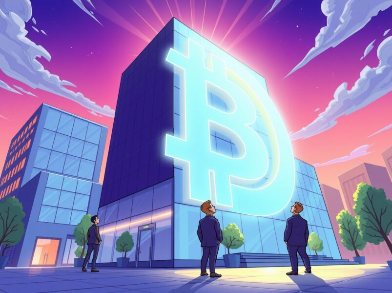 Corporate building with a massive Bitcoin investment symbol integrated into its architecture.
