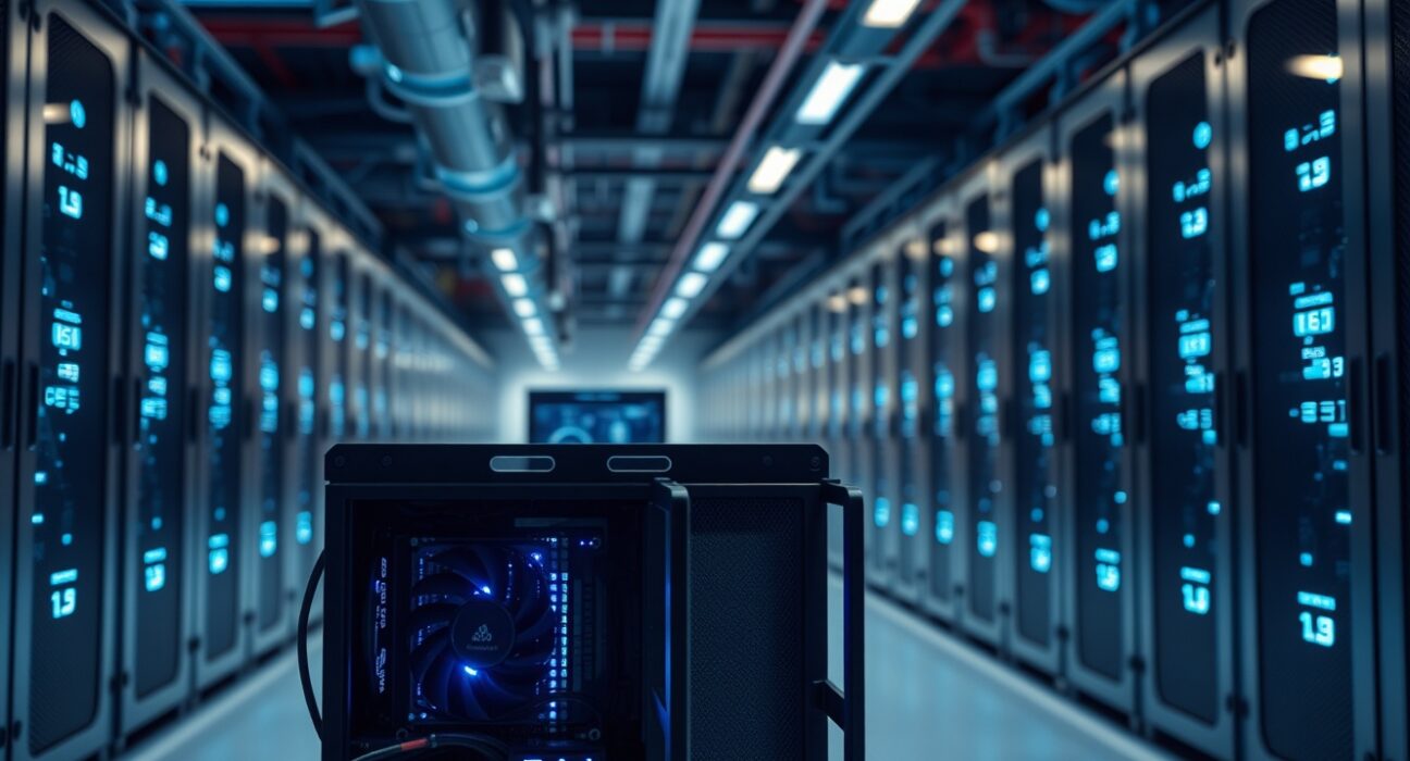 Interior of a modern Bitcoin mining data center with rows of ASIC mining rigs.