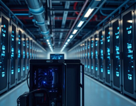 Interior of a modern Bitcoin mining data center with rows of ASIC mining rigs.