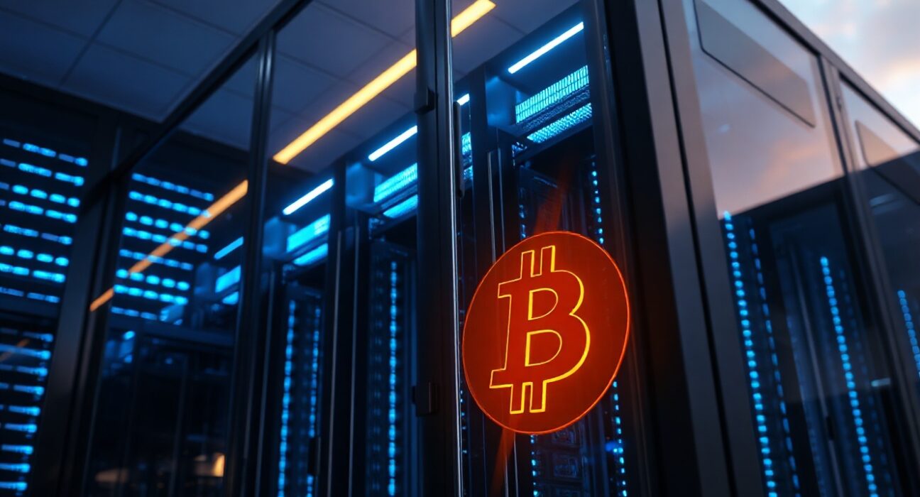 Exterior view of a modern data center with a glowing Bitcoin symbol reflected in the glass at dusk
