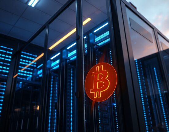Exterior view of a modern data center with a glowing Bitcoin symbol reflected in the glass at dusk