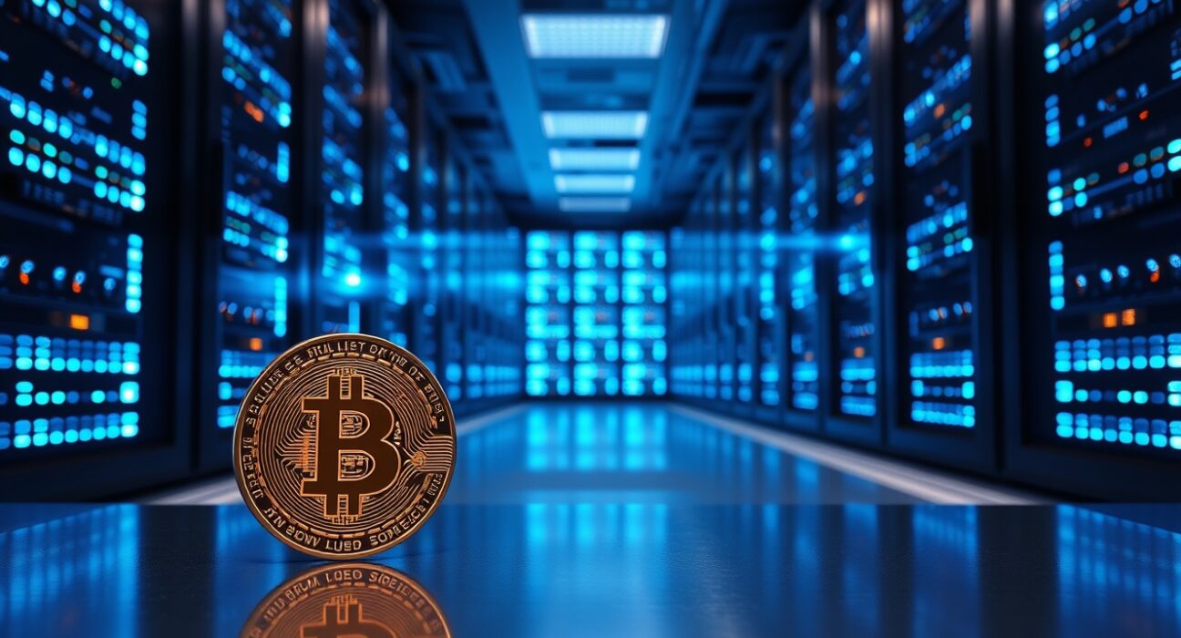 Interior of a modern data center with server racks and a Bitcoin coin in the foreground