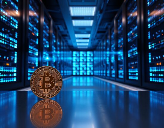 Interior of a modern data center with server racks and a Bitcoin coin in the foreground