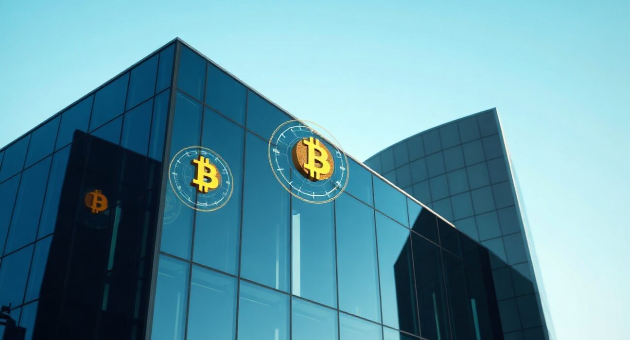 Corporate building with digital Bitcoin symbols in glass reflections representing Bitcoin treasury holdings.