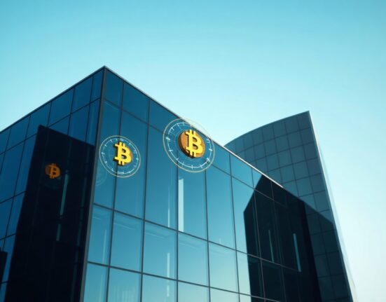 Corporate building with digital Bitcoin symbols in glass reflections representing Bitcoin treasury holdings.