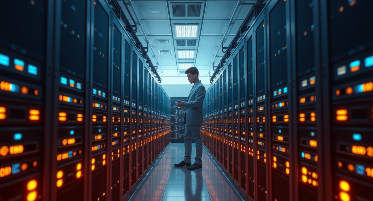 Hyperscale Data cryptocurrency mining data center interior with server racks and blue LED lighting